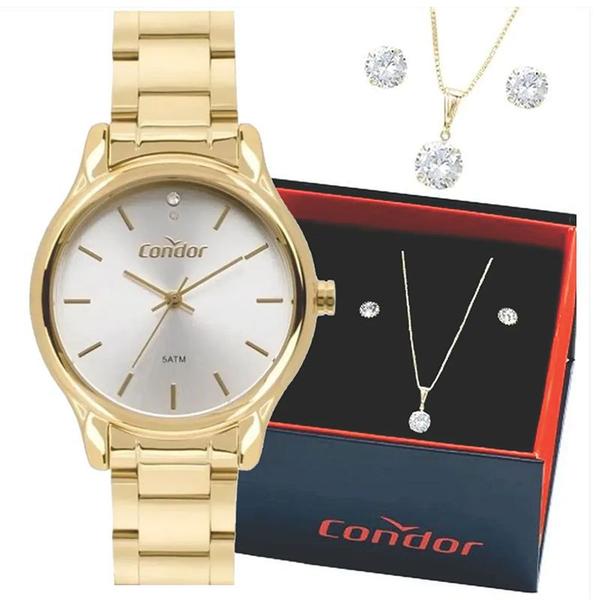 Relógio Condor Feminino Dourado + Colar + Brincos + Nf