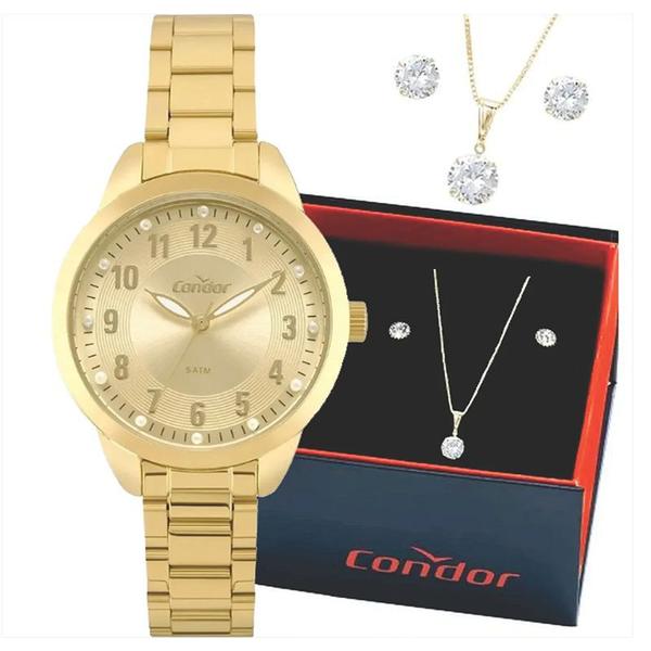 Relógio Condor Feminino Dourado + Colar + Brincos + Nf