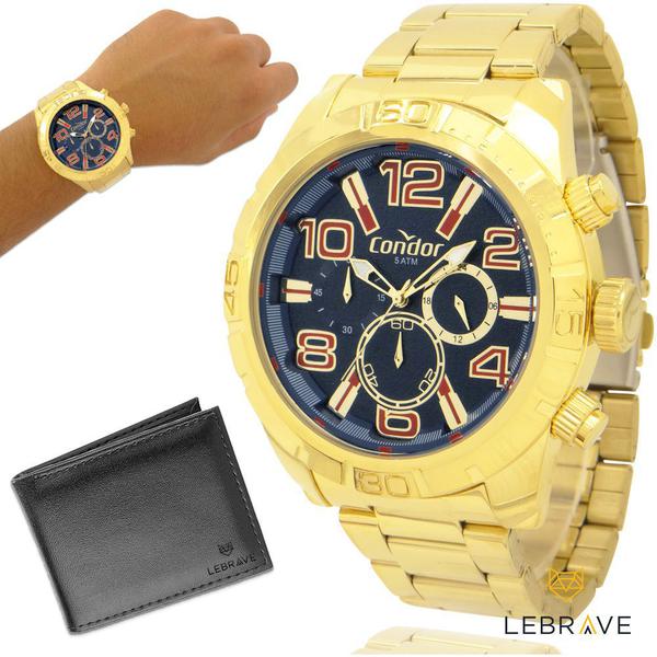 Relógio Condor Masculino Dourado Azul COVD54BF4A 1 Ano de Garantia Prova D'Água Original