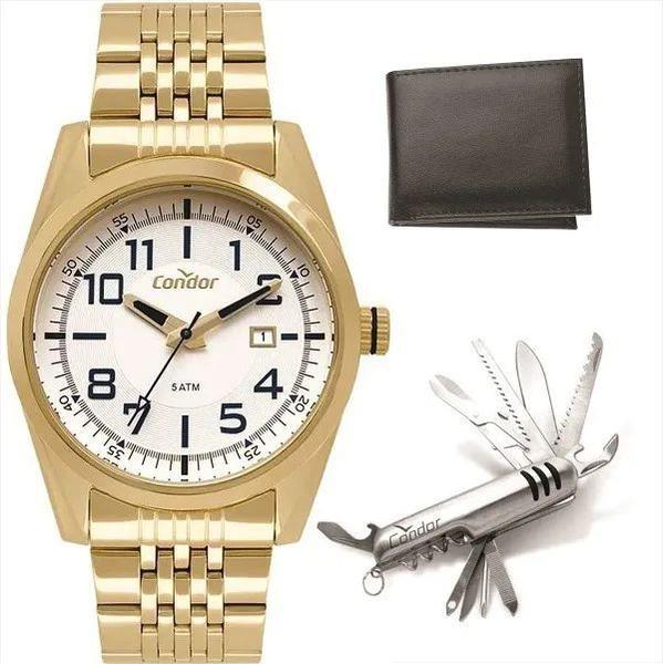 Relógio Condor Masculino Dourado + Canivete + Carteira + Nf