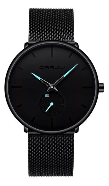 Relogio CRRJU Masculino Preto Fundo Preto e Detalhes Azul