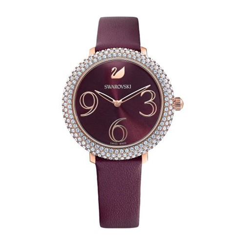 Relógio Crystal Frost, Pulseira de Couro, Vermelho Escuro, PVD em Tom de Ouro Rosa