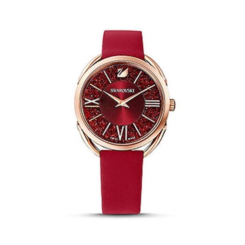 Relógio Crystalline Glam, Pulseira de Couro, Vermelho, Tom de Ouro Rosa