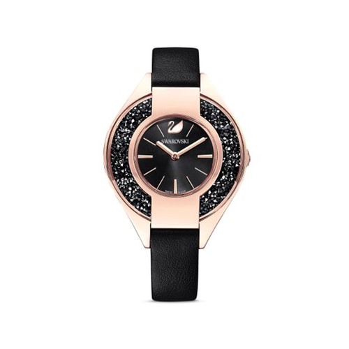 Relógio Crystalline Sporty, Pulseira de Cabedal, Preto, PVD Rosa Dourado