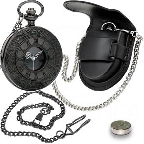 Relógio de Bolso Black Steampunk Corrente C/ Clip Capa Couro