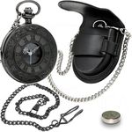 Relógio de Bolso Black Steampunk Corrente C/ Clip Capa Couro