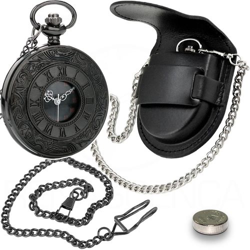 Relógio de Bolso Black Steampunk Corrente C/ Clip Capa Couro