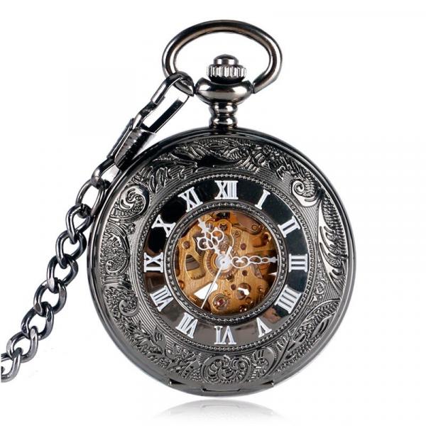 Relógio de Bolso Black Steampunk Mecânico a Corda Lapela Retro Semi Automático - Renascença