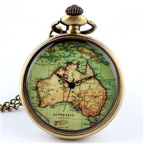 Relógio de Bolso Mapa Austrália Tampa de Vidro Âmbar Vintage