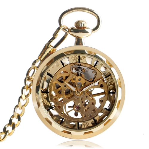 Relógio de Bolso Mecânico Dourado Corda Semi Automático