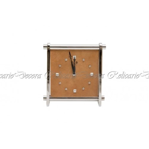 Relógio de Mesa Decorativo Couro Natural Detalhes Cromados Design Clas...