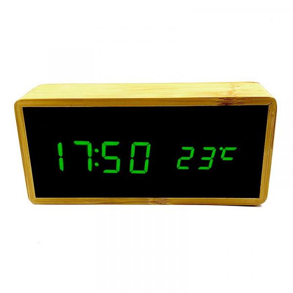 Relógio de Mesa Despertador Termômetro Madeira LED Verde - Thata Esportes