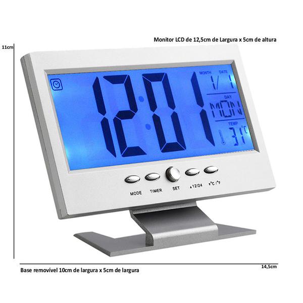 Relógio de Mesa Digital LCD Led Acionamento Sonoro Despertador Termometro PRATA - Tecrj