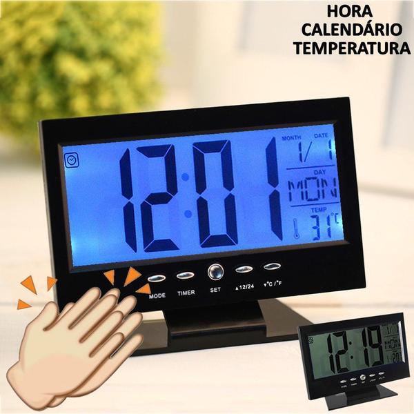 Relógio de Mesa Digital Lcd Led Acionamento Sonoro Despertador Termometro PRETO CBRN01422 - Commerce Brasil