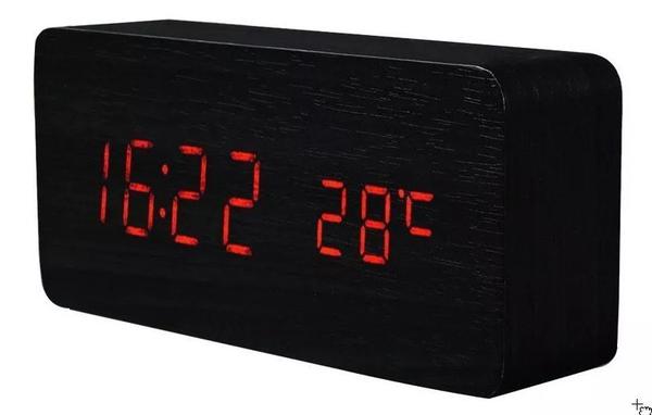 Relógio de Mesa Estilo Madeira Retrô com Alarme Temperatura Cor:Preto - Woodenclock
