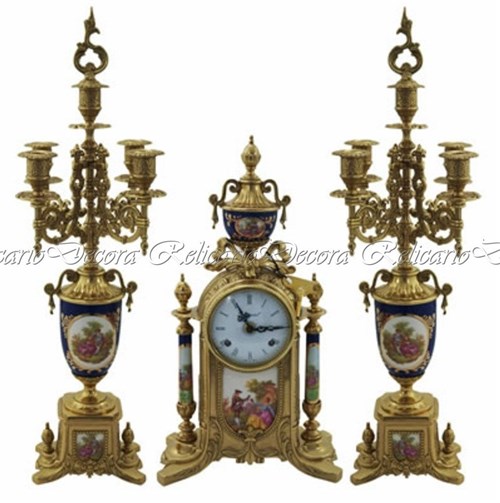 Relogio de Mesa Garniture Decorativo C/ Candelabros Porcelana e Bronze