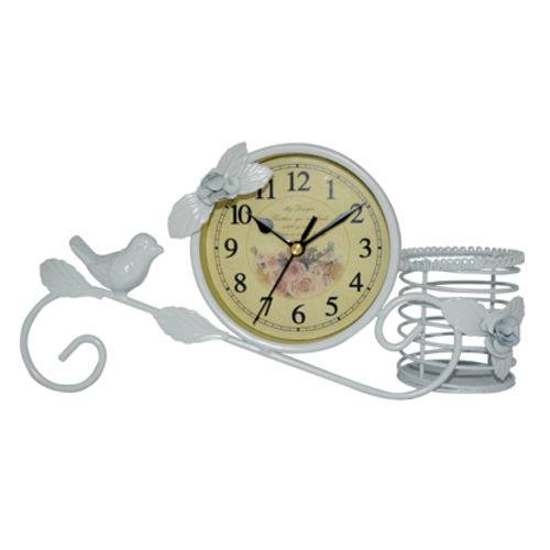 Relógio de Metal com Pássaro e Porta Caneta 32x11,5cm