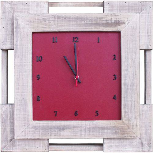 Relógio de Parede Analógico Branco Envelhecido e Vermelho 51x51cm