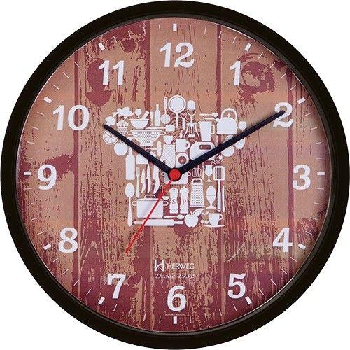 Relógio de Parede Analógico Decorativo Ideal para Cozinha Mecanismo Step Preto - Herweg