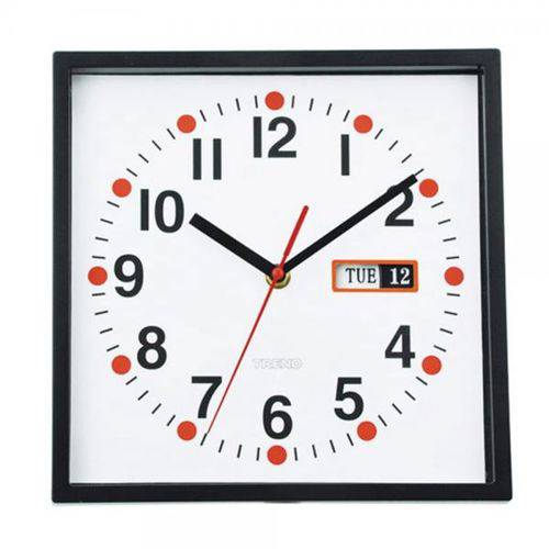 Relógio de Parede com Calendário Borda Preta 24cmx5cmx24cm