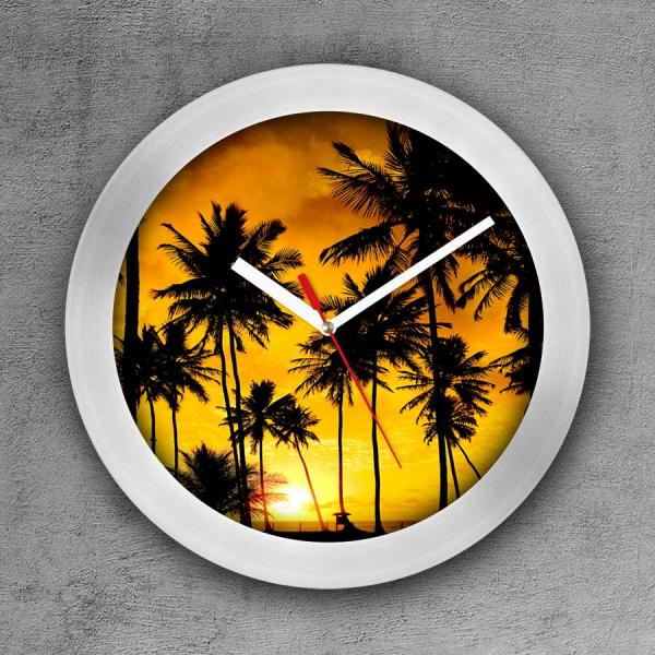 Relógio de Parede Decorativo, Criativo e Descolado Coqueiros e Pôr do Sol - Colours Creative Photo Decor