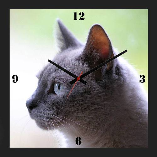 Relógio de Parede Decorativo Moldura Preta Pet Gato Cinza 30x30cm