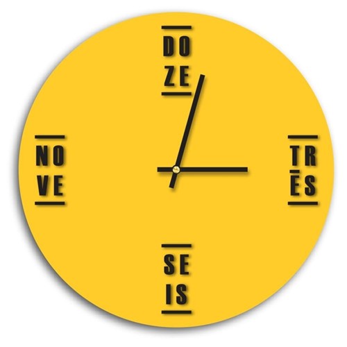 Relógio de Parede Decorativo Premium Amarelo com Palavras em Relevo Preto Ônix Médio