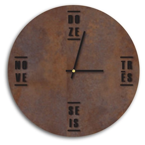 Relógio de Parede Decorativo Premium Corten com Palavras em Relevo Preto Ônix Médio