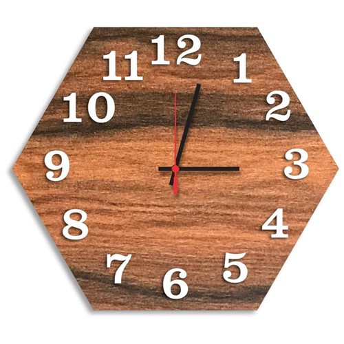 Relógio de Parede Decorativo Premium Hexagonal Amadeirado com Números em Relevo Médio