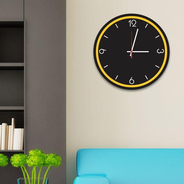 Relógio de Parede Decorativo Premium Preto Ônix com Borda Amarela em Relevo - Prego e Martelo