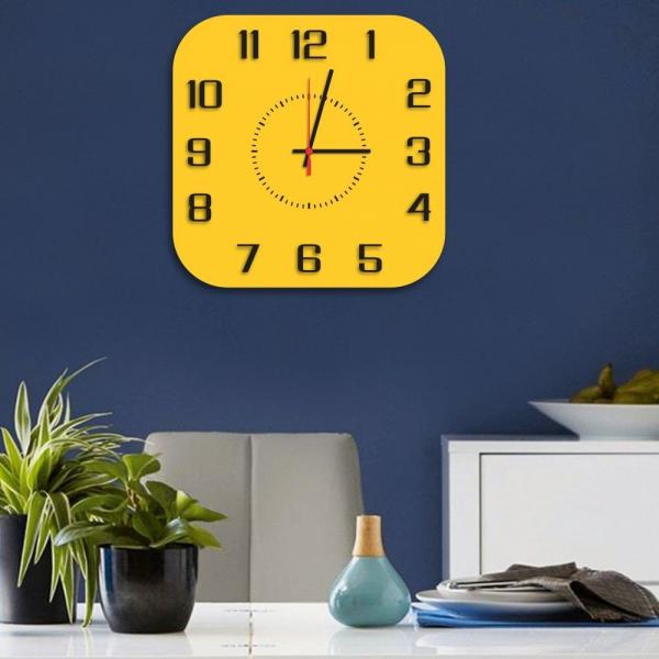 Relógio de Parede Decorativo Premium Quadrado com Números em Relevo Amarelo - Prego e Martelo