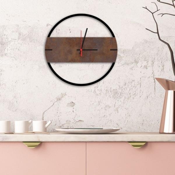 Relógio de Parede Decorativo Premium Slim Preto Ônix com Detalhe Corten em Relevo - Prego e Martelo