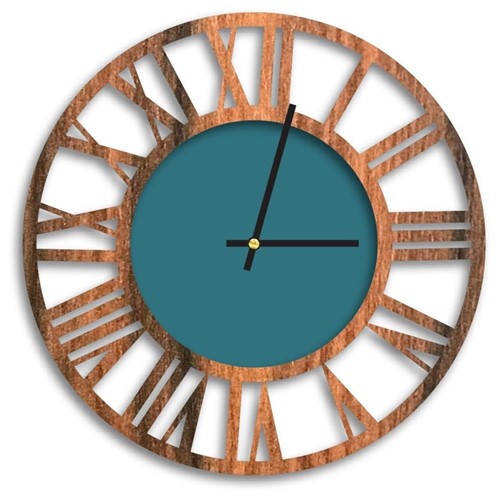 Relógio de Parede Decorativo Premium Vazado Números Romanos Amadeirado com Detalhe Ágata Médio