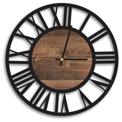Relógio de Parede Decorativo Premium Vazado Números Romanos Preto Ônix com Detalhe Madeira Ripada Médio