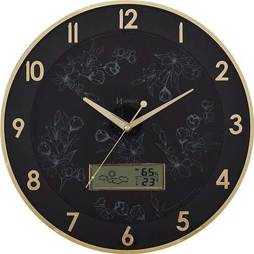 Relógio De Parede Decorativo Sofisticado Termômetro Preto Com Detalhe Dourado Herweg 6820-29