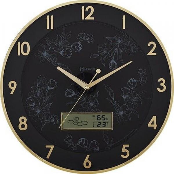 Relógio De Parede Decorativo Sofisticado Termômetro Preto Com Detalhe Dourado Herweg 6820-29