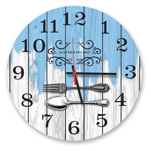 Relógio de Parede Decorativo Talheres Fundo Branco e Azul Pátina 35cm Médio
