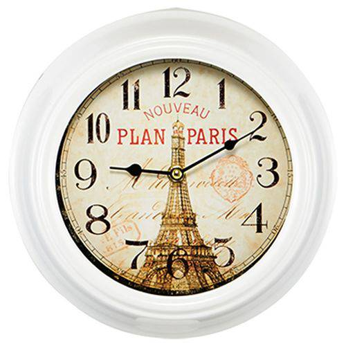 Relógio de Parede em Metal Branco Paris Vintage 23cm