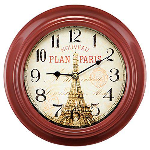 Relógio de Parede em Metal Vermelho Paris Vintage 23cm