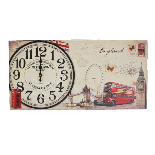 Relógio de Parede England Madeira Colorido Estampado 60x30cm