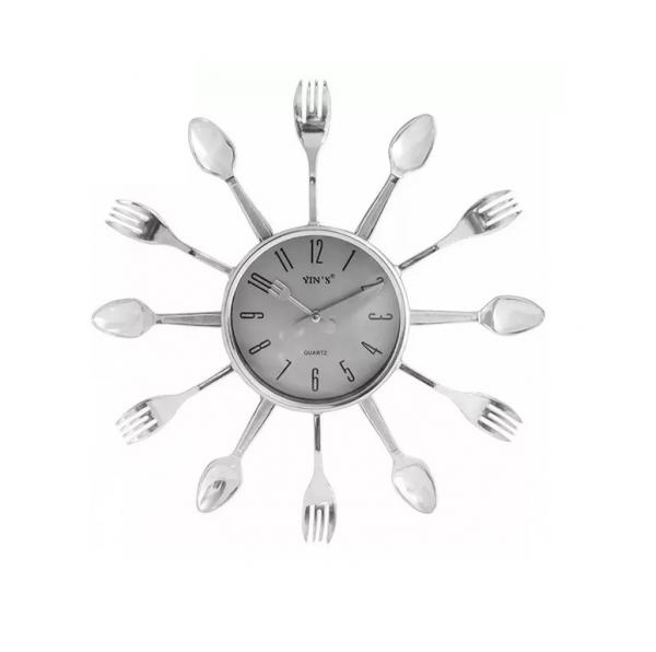 Relógio de Parede Garfo Facas Cozinha Prata C/33Cm - Yins