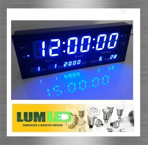 Relogio de Parede Grande Led Digital com Alarme - Azul 36cm