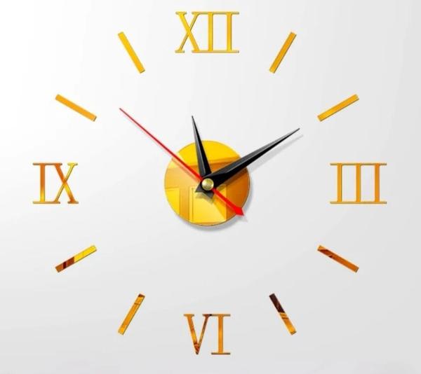 Relógio de Parede Grande Tipo 3D Luxo Acrílico Autocolante Decoração Casa Sala Escritório Cozinha Quarto Dourado Gold - Import