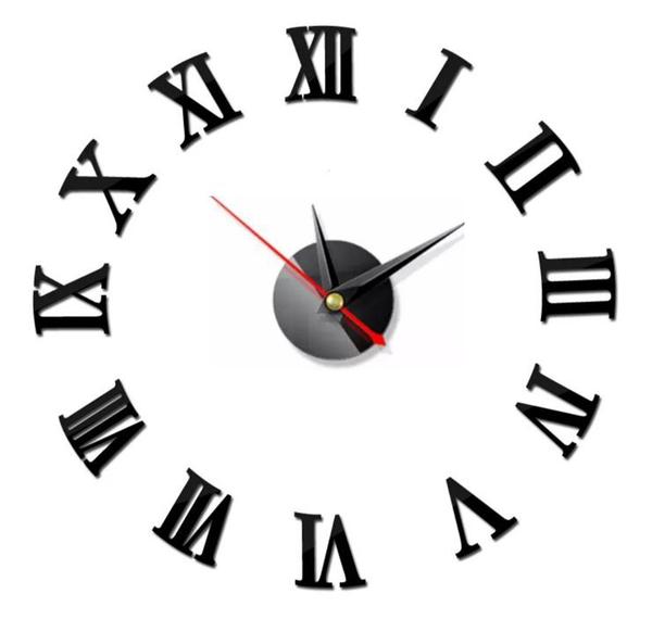 Relógio de Parede Grande Tipo 3d Luxo Autocolante Decoração de Casa Sala Quarto Escritório Preto Black Romano - Import
