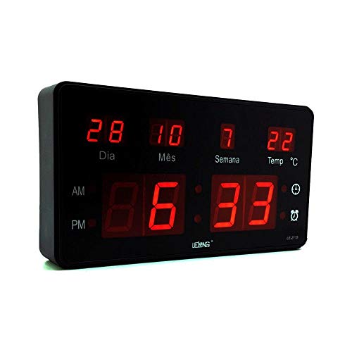 Relógio de Parede Led Digital LE-2114 Lelong Temperatura Calendário Alarme