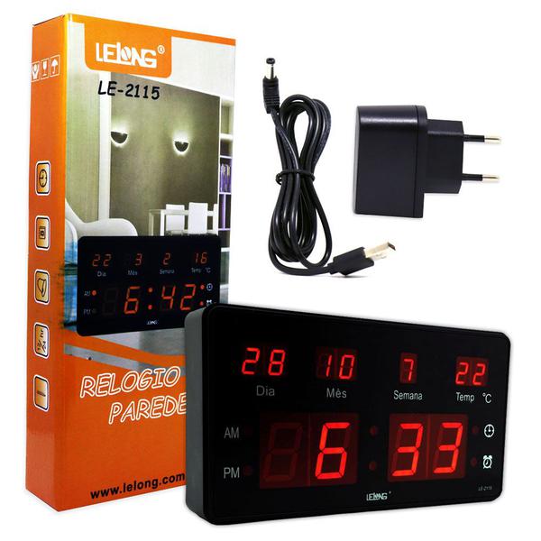 Relógio de Parede Led Digital LE-2115 Lelong Temperatura Calendário Alarme