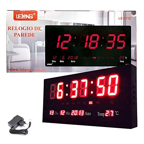 Relógio de Parede Led Vermelho Digital LE-2112 Lelong Temperatura Calendário Alarme Alto Brilho