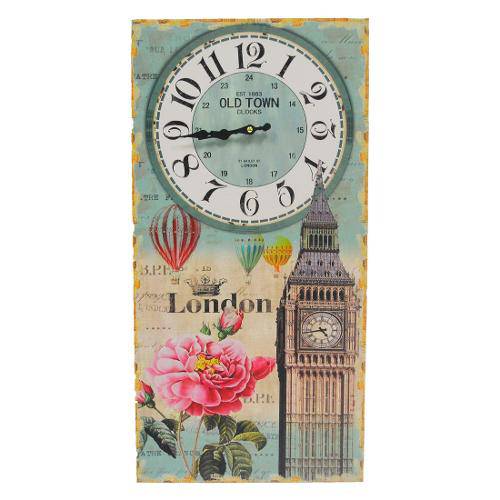 Relógio de Parede London Madeira Colorido Estampado 60x30cm