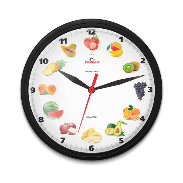 Relógio de Parede para Cozinha Redondo Frutas Preto - Plashome