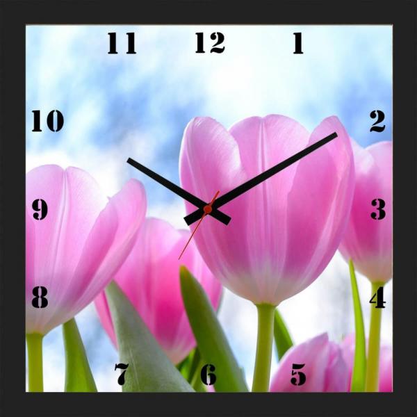 Relógio de Parede Personalizado Moldura Preta Floral Tulipas 30x30cm - Decore Pronto
